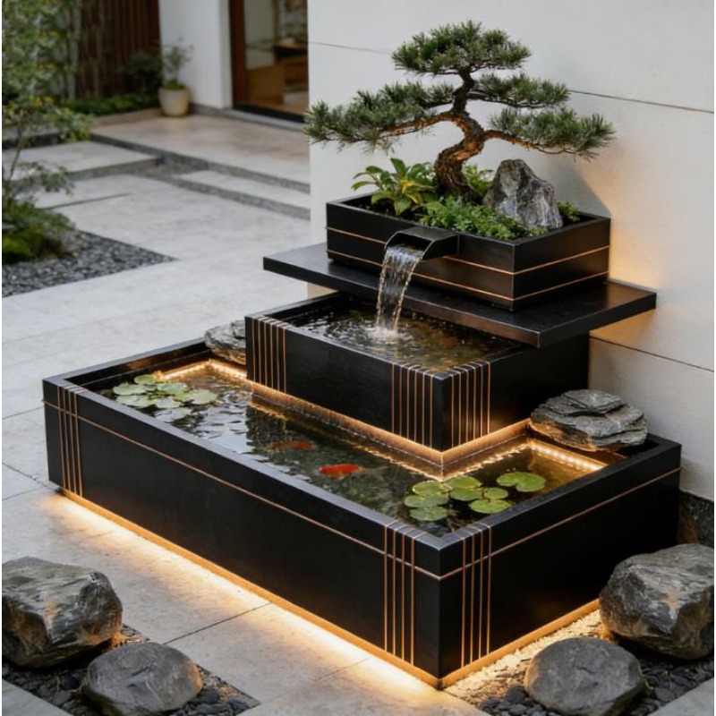 Bonsai Garden With Koi Pond - Fontaine en acier inoxydable - Bassin